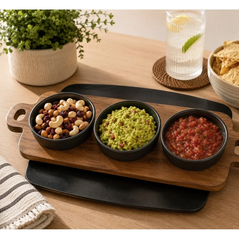 3pc Snack Dish Set w/ Wood Tray – Serving Board for‎ Party, Chips, Dips & Sauces